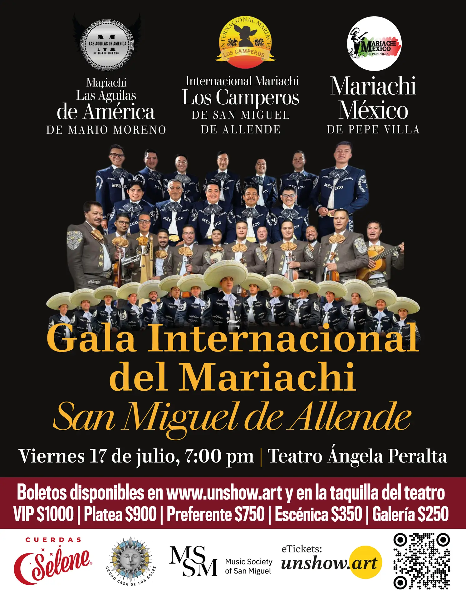 Las Águilas de América, dirigidas por Mario Moreno; Mariachi México de Pepe Villa, Mariachi Los Camperos San Miguel de Allende